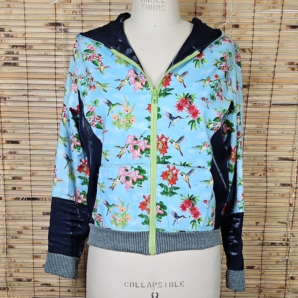 Blue and Green Bomber Jacket with Floral Print and Zipper OOAK